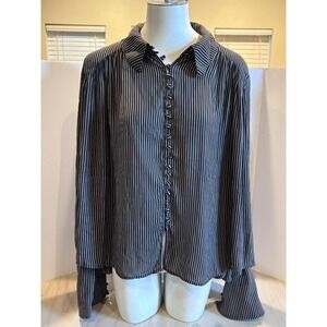Free People Black White Striped Button Down Blouse Long Sleeve Oversized Large